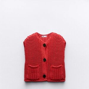 Zara Red Knit Button-Up Blouse